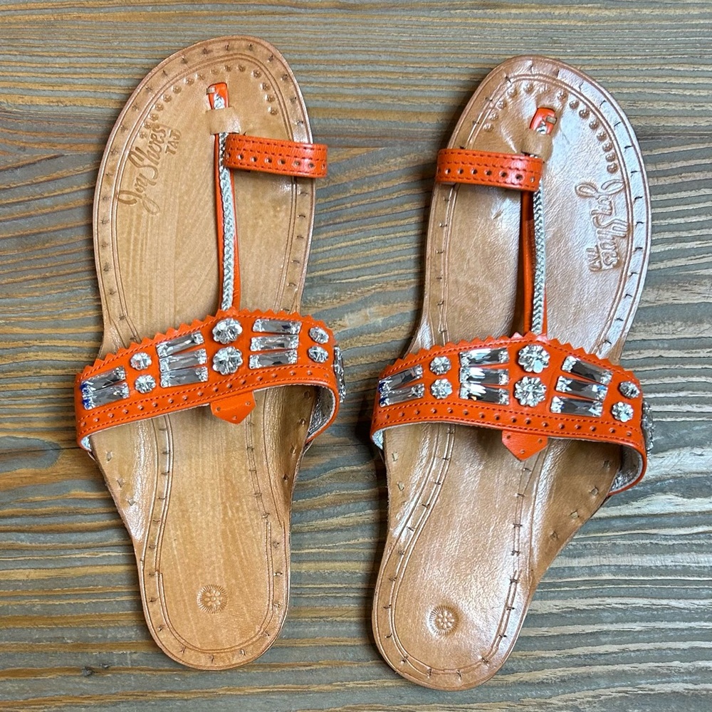 Orange Leather Indian Sandals with Swarovski Crystals